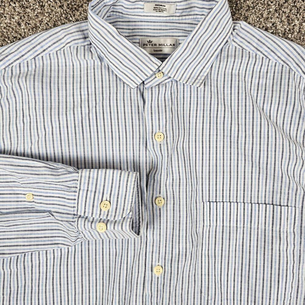 Peter Millar Shirt Mens Medium Blue Striped Long Sleeve Seaside Summer Pocket
